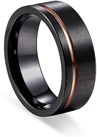 TUSEN JEWELRY Black Zirconium Ring Men's Wedding Band Rose Gold Stripe Comfort Fit 8mm