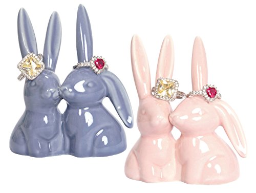 Bunny Rabbit Ring Holder (2-Pack), Adorable Pink and Purple Ceramic Engagement and Wedding Ring Holder