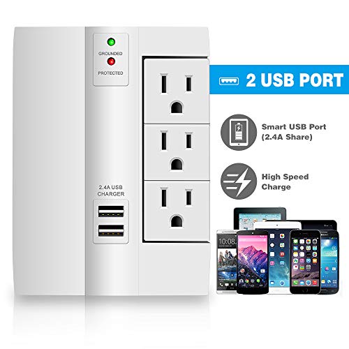 Wall Tap Surge Protector, Kasonic Top Power Strip 6 Power Outlets Plus 2 USB Ports Portable Wall-Mount Socket, Best Power Surge Protection Smart Charging for Home and Office (1 Pack)