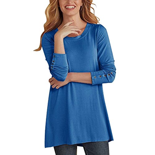 Women Casual O Neck Long Sleeve Button down Shirt Tunic dress (US4/S, Blue)