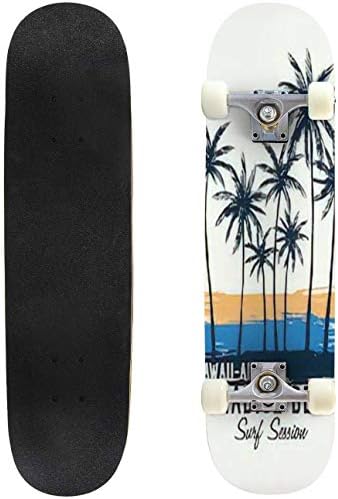 ハワイでサーフィンとサーフィンをテーマにしたベクターイラスト アウトドアスケートボード 31インチx8インチ プロコンプリートスケートボードクルーザー 8層 ダブルキック凹デッキ メープルロングボード ユーススポーツ用