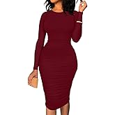 BEAGIMEG Women's Ruched Long Sleeve Elegant Bodycon Basic Casual Midi Dress