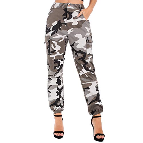 JTANIB Womenâ€™s Camo Joggers High Waisted Slim Fit Cargo Pants with Pockets (Gray, S)