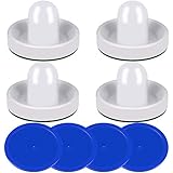 ONE250 Air Hockey Pushers and Blue Air Hockey Pucks, Goal Handles Paddles Replacement Accessories for Game Tables (4 Striker, 4 Puck Pack) (White)