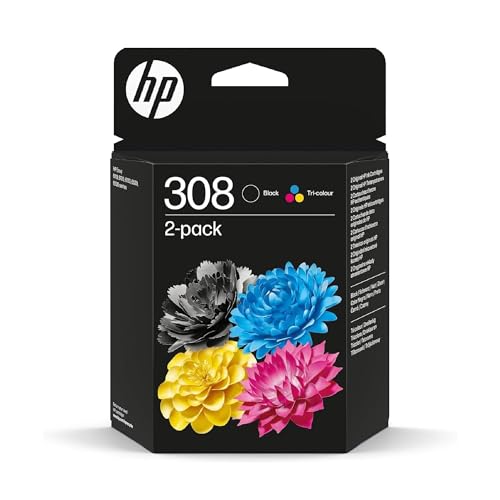 308, Noir et Tricolore, 6L6S6UE, Pack de 2 Cartouches d’Encre Original, Compatible avec Les Series d'Imprimantes HP Envy 6110, 6120, 6130, 6520, 6530
