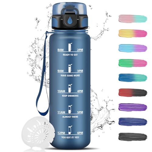 Grsta 1 Litre Sports Water Bottle with Filter, Leak-Proof, Wide Mouth, Carrying Loop, Perfect for Sports, Travel, School, Yoga, Fitness, Outdoor
