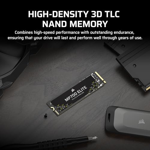 Corsair MP700 Elite 2TB PCIe 5.0 x4 NVMe M.2 SSD – Up to 10,000MB/sec – High-Density 3D TLC NAND – M.2 2280 - DirectStorage Compatible – Black