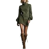 Women's Western Cowgirl Suede Dress Vintage Lantern Long Sleeve Turtleneck Dress Zip Cocktail Party Dresses with Pockets