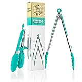 Premium Silicone Kitchen Tongs 2-Pack (9-Inch & 12-Inch) with Built in Counter Stands in Teal by Polar Pantry