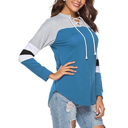 Misaky 2018 Women's Patchwork Shirt Autumn Striped V-Neck Tops Loose Long Sleeve Blouse Blue