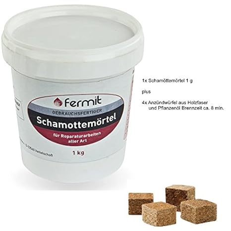 Fermit Schamottemörtel Temperaturbeständigkeit: über +1600°C und 4x Anzündwürfel aus Holzfaser und Pflanzenöl ca. 8 min Brenn