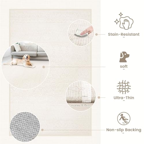 8x10 Area Rug Living Room: Washable Boho Geometric Moroccan Rug Neutral Modern Farmhouse Indoor Soft Non Slip Ultra Thin Large Printed Pattern Carpet for Bedroom Home Office (Beige, 8'x10')