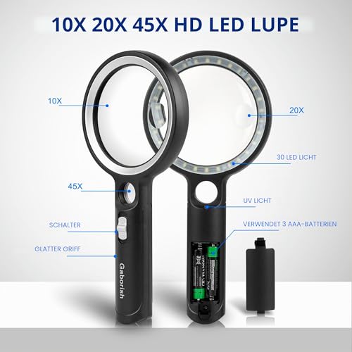 GABORISH Magnifying Glass with Light, 10X 20X 45X Handheld Magnifying Glass with 30 LED and 1 UV, Magnifying Glass for Reading, Inspection, Coins, Jewellery, Exploring, Reading Magnifying Glass for Seniors Large (Silver)