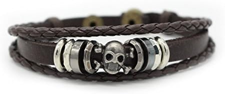 Golastartery Punk Rock Alloy Snap Skull Beads Weave Leather Cuff Bracelet(Brown)