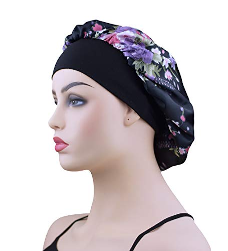 Satin Sleep Bonnet Cap for Women, Wide Band Satin Sleeping Caps Night Hat Head Cover for Natural Hair Loss, Black Flower