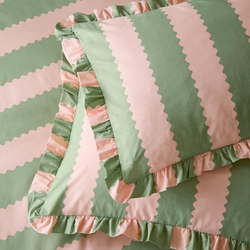 furn. Wylder Birdie Stripe Pillowcase Pair – Reversible Ruffle Edge Cotton Rich Striped Pillow Covers (Pink/Green – 50x75cm)