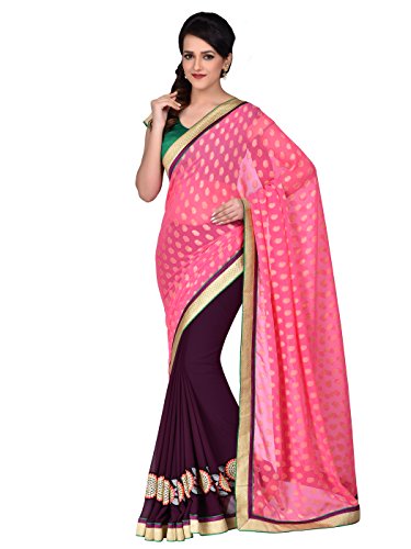 Shonaya Women's Embroidered Georgette Brown Designer Saree With Unstitched Blouse Piece