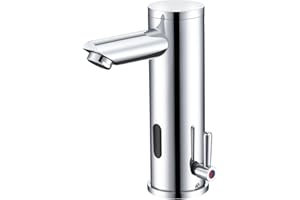 BODQEMR Automatic Touchless Bathroom Sink Faucet - Sensor Motion Activated No-Touch Brass Faucet with Adjustable Temperature Control Handle for Home Vanity, Commercial, and Office Use (Short, Chrome)