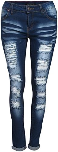Roma Studio Women\'s High Rise Distressed Roll Cuff Shaping Stretch Denim Skinny Jeans, Indigo, Size 7'