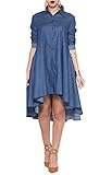 Womens Casual Denim Lapel Long Sleeve Loose High Low Hem Mini Dress with Pocket