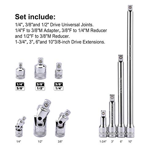 CASOMAN 10Piece Socket Accessory Set, 1/4inch, 3/8inch,1/2inch