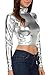 Sakkas 141786 Metallic Liquid Mock Neck Turtleneck Long Sleeve Crop Top - Made in USA - Silver - L