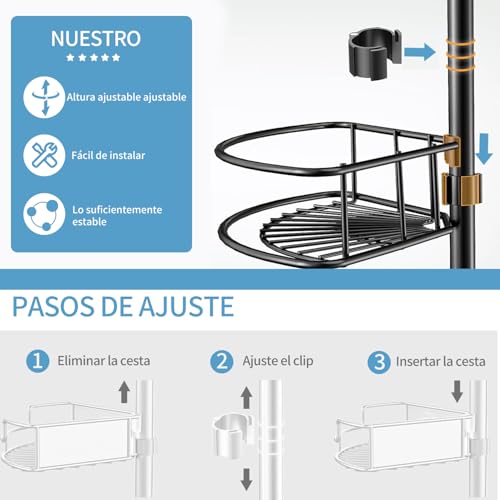Organizador Para Baño Esquinero Regadera,Organizador de Baño Regadera Esquinero Con hebilla Ajustable 60-118 inch,con 4 estantes,1toallero y 4 ganchos,acero inoxidable,la oxidación,para cocina baño.