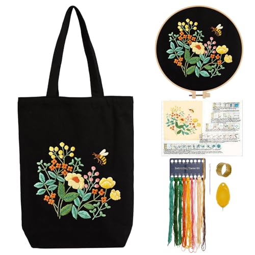 CREAWONDER Canvas Tote Bag Embroidery Kit with Pattern for Beginners, Arts and DIY Embroidery Crafts Kits for Adults, Include Instructions, Embroidery Hoops, Color Threads and Tool at Amazon