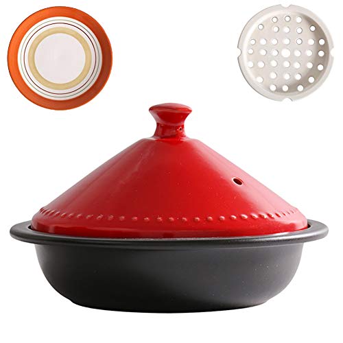 CCSU-Moroccan-Tagine-Pot-with-Red-LidCeramic-Casserole-Steamer-Braiser-Pan-Healthy-Saucepan-Earthen-Pot-for-Braising-Slow-Cooking-Black-073quart