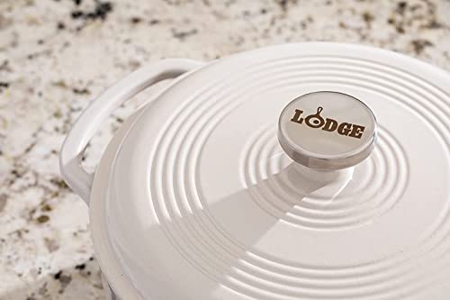 Lodge 3 Quart Enameled Cast Iron Dutch Oven with Lid – Dual Handles – Oven Safe up to 500° F or on Stovetop - Use to Marinate, Cook, Bake, Refrigerate and Serve – Oyster White
