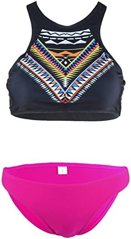 Sportmusies Two Piece Swimsuit For Women, High Neck Bikini Set Bathing Suit Swimwear (L(US 8-10),Black &amp; Pink)