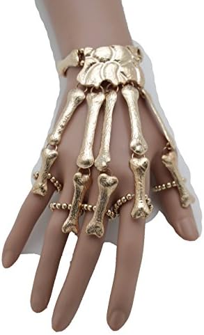 TrendyFashionJewelryTFJ Women Gold Metal Hand Chain Slave 5 Rings Fingers Bracelet Skeleton Skull Bones