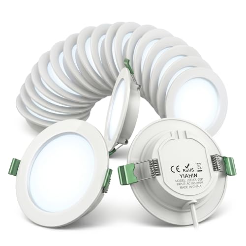 Recessed LED Spotlights Set of 20, 4W 339LM Cool White 6000K, Ultra Flat Ceiling Spotlights 230 V Without Transformer, Plastic LED Spotlight, Depth 28 mm, Not Dimmable for Bathroom Kitchen