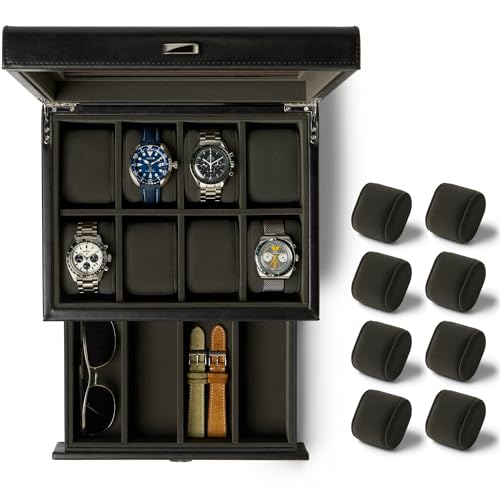 TAWBURY Bayswater 8 Slot Watch Box with Drawer (Black/Charcoal) with a Set of 8 X-Small Pillows to Fit 5.5-6.5