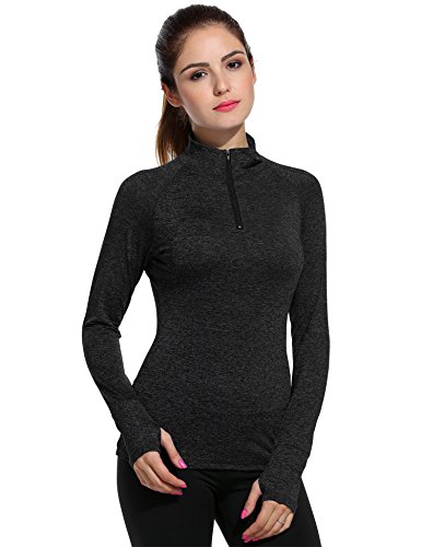 ELESOL Women's Long Sleeve Workout Tee Running Gym Sports T-Shirt Fast Dry Pitch Black S