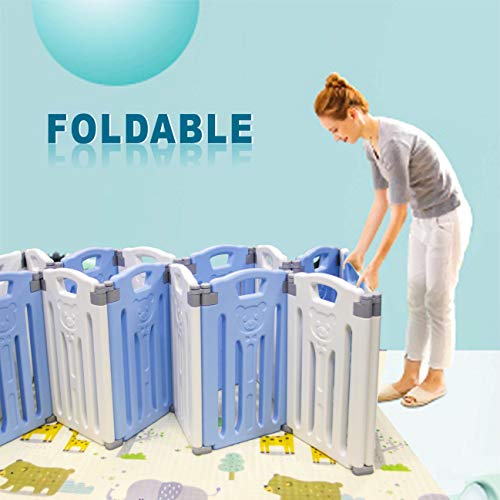 Baby Folding playpen Baby Playpen Kids Activity Centre Safety Play Yard Home Indoor Outdoor New Pen (White and Blue)