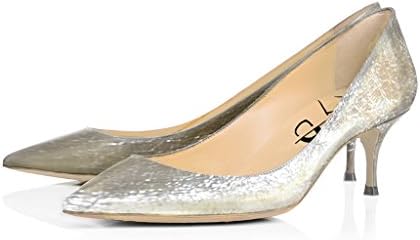 XYD Office Formal Dress Pumps Pointy Toe Kitten Low Heels Comfortable Slip On Shoes For Women Size 11 Silver