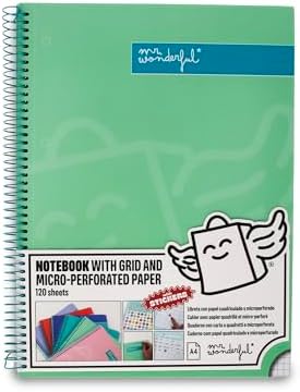 - A4 Green Notebook - 240 páginas de grelha microperfurada - capa dura extra - moldura em espiral - inclui autocolantes