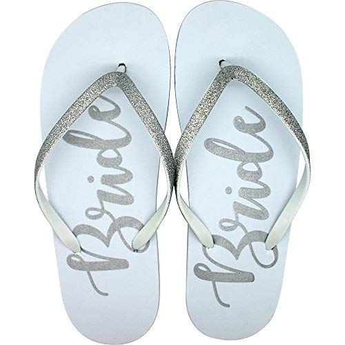 ELEGANI Adult Medium/Large Glitter Silver Bride Flip Flops Wedding ceremony Supplies