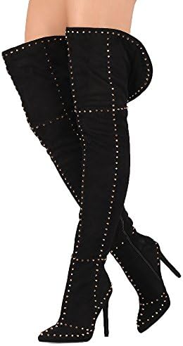 Paris Peach Sasha-1 Studded Suede Pointy Toe Stiletto Over The Knee Thigh High Boots Black (6)