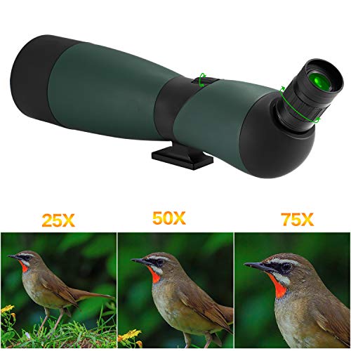 occer 25-75x70 Spotting Scope Telescope with Tripod,Long Eye Relief 45 Degree Angled Eyepiece Scopes,Waterproof Spotter Scope for Hunting,Target Shooting,Bird Watching,Archery,Wildlife-with Carry Case