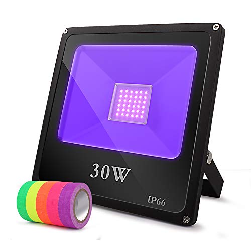 UV Black Light, Lightimetunnel 30W Led Flood Light Bulb Outdoor IP66 Waterproof Blacklight with 5-Pack Fluorescent Tape for Blacklight Party Supplies, Neon Glow, Birthday Wedding Stage Lighting