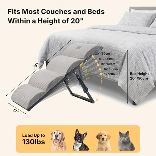 Veehoo Dog Ramp for Small to Large Dog, Foldable Pet Ramp for High Bed Couch, 5 Adjustable Height from 30cm to 50cm, Doggy Steps Cat Stairs with Non-Slip Pad and Metal Frame, Up to 130lbs