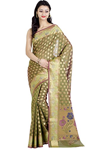 Chandrakala Women's Green Banarasi Cotton Silk Saree