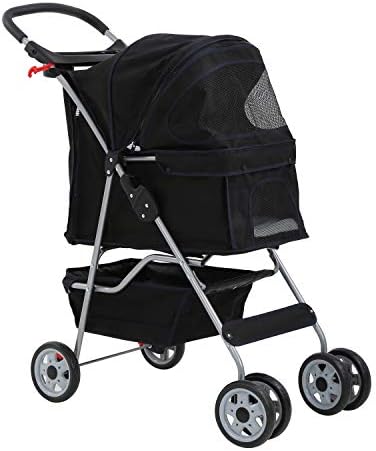 HCY Pet Stroller 4 Wheels Cats and Dog Stroller Travel Folding Carrier with Cup Holders and Storage Basket for City Walk,Park Trip (Black)