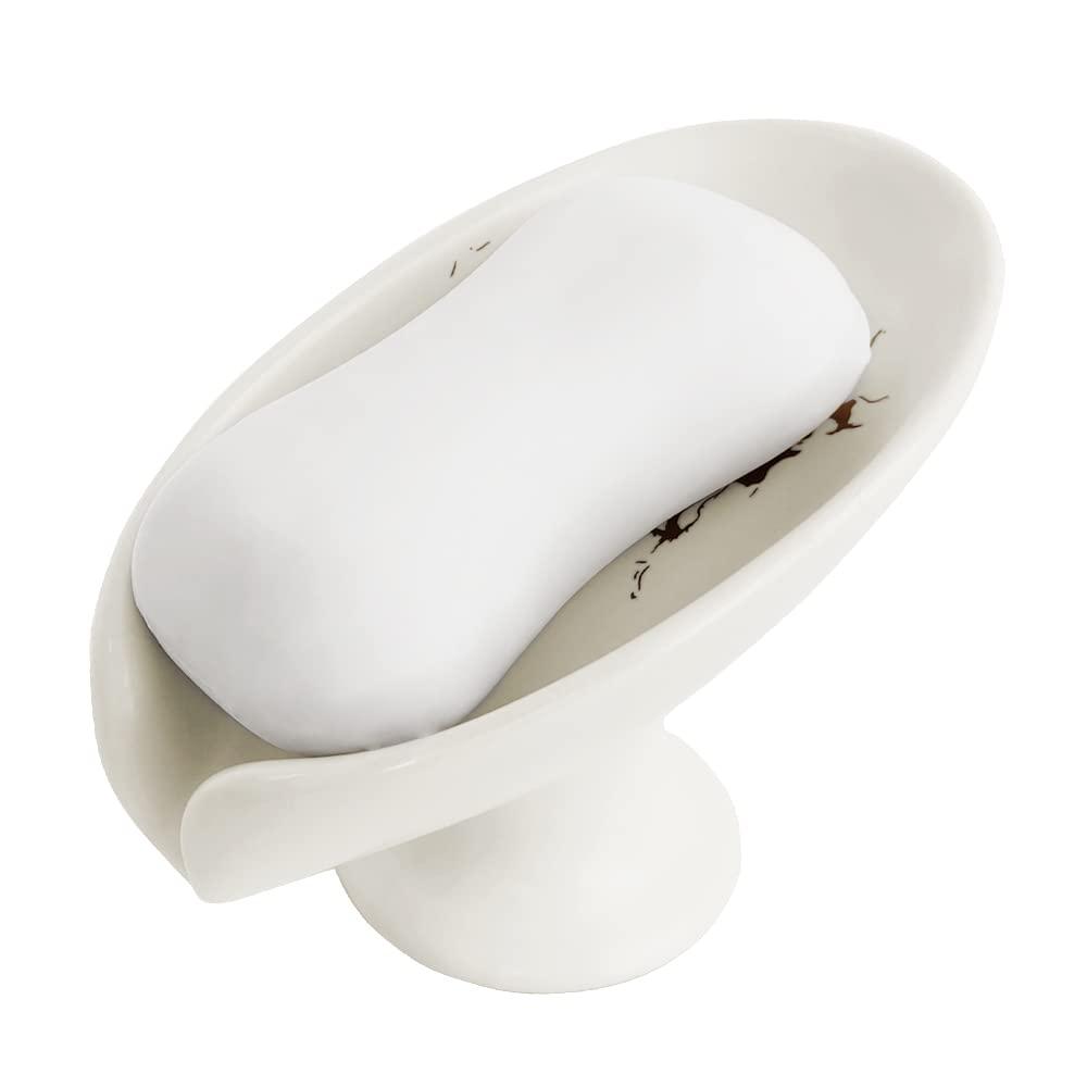 Leaf-Shape Ceramic Soap Dish, Gold Marble Pattern, Easy to Clean, Self Draining Soap Holder, Keeps Soap Dry (White)