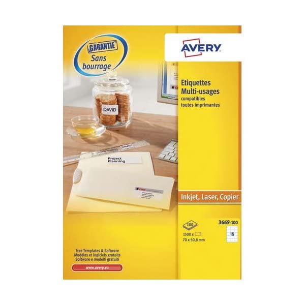 AVERY - UltraGrip Labels - Customisable and Printable - 70 x 50.8mm - Laser, Inkjet, Photocopier - Pack of 1500 (3669-100)