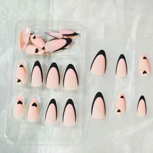 Black French Tip Press on Nails Medium Almond Fake Nails with Black Heart Design Gold Line Stick on Nails Glossy Acrylic Full Cover Glue on Nails Stiletto False Nail For Women Mother's Day Manicure - Image 4