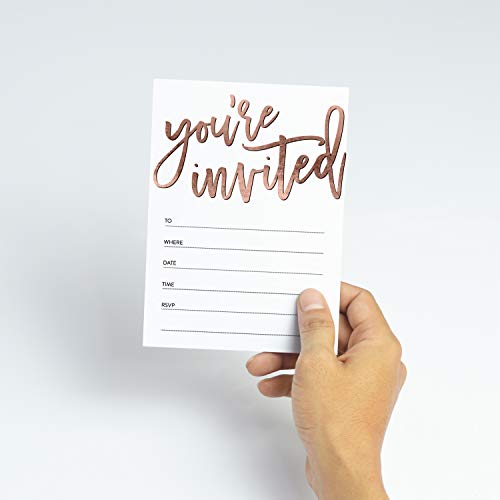25 Rose Gold You're Invited Fill-In Party Invitations and Envelopes, Faux Rose Gold Texture, For Bridal Shower, Rehearsal Dinner, Birthday Party, Anniversary, Graduation - Thumbnail 5