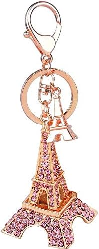 Fashion 3D Handmade Bling Crystal Metal Cute Diamond Keychain Key Ring Handbag Pendant for Girls or Women (Pink Eiffel Tower)
